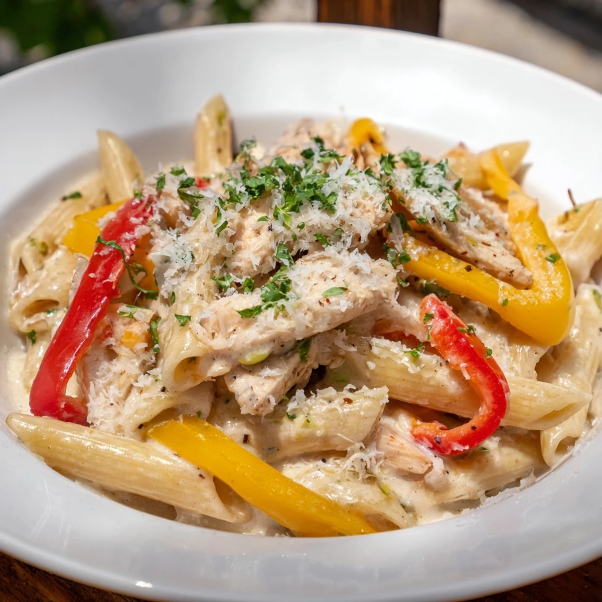 Close-up view of a steamy bowl of Cajun Chicken Alfredo with Peppers, highlighting glossy sauce clinging to pasta noodles and colorful sautéed vegetables.