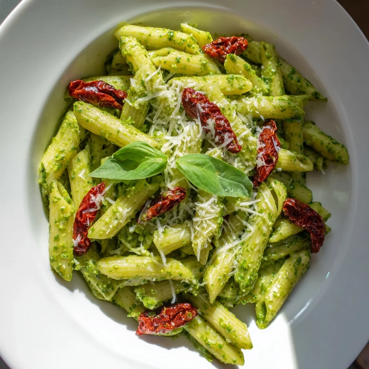 Freshly cooked penne pasta is coated in vibrant green basil pesto and topped with sliced sun-dried tomatoes for a savory bite.