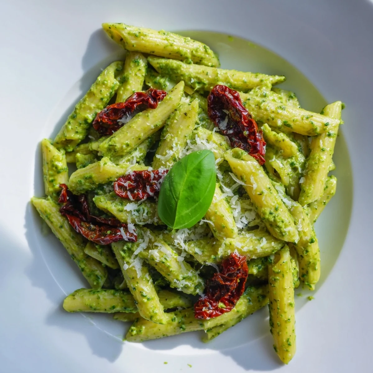 A close-up of Green Pesto Pasta with Sun-Dried Tomatoes garnished with extra Parmesan and fresh basil leaves on a rustic plate.