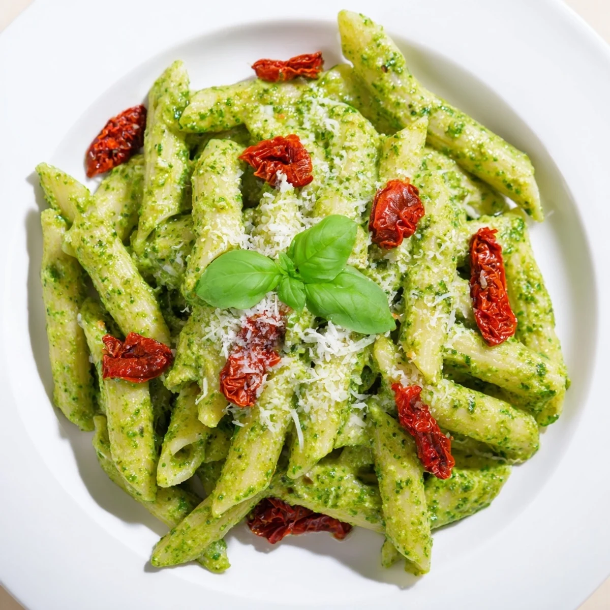 Italian-inspired Green Pesto Pasta with Sun-Dried Tomatoes served hot as a family-style vegetarian main dish perfect for weeknight dinners.