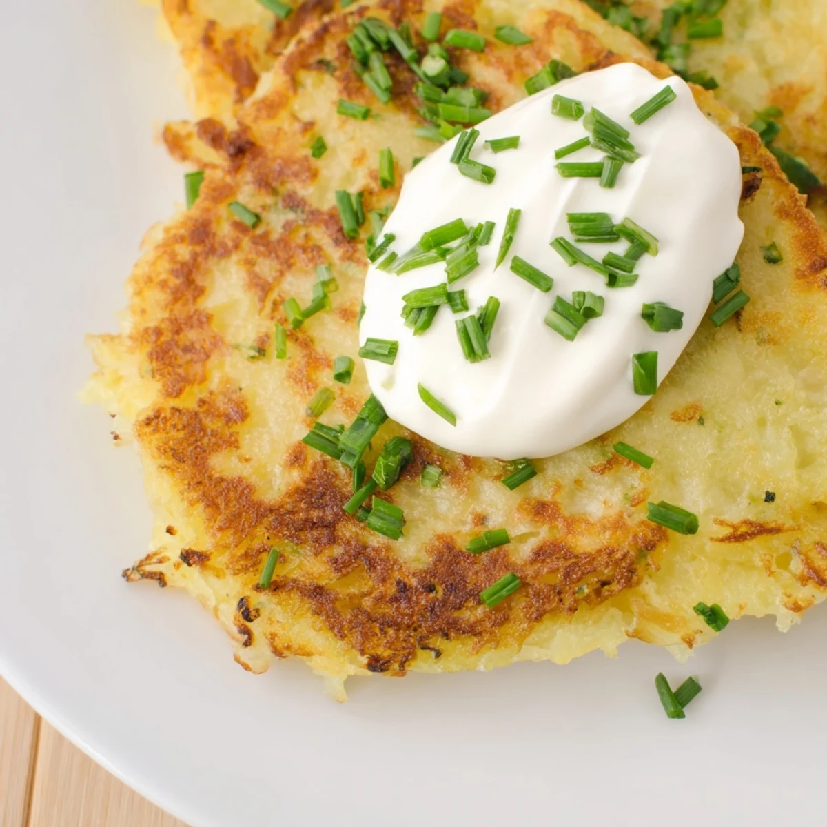 Golden-brown Irish Boxty Potato Pancakes with a dollop of sour cream and fresh chives on a plate.