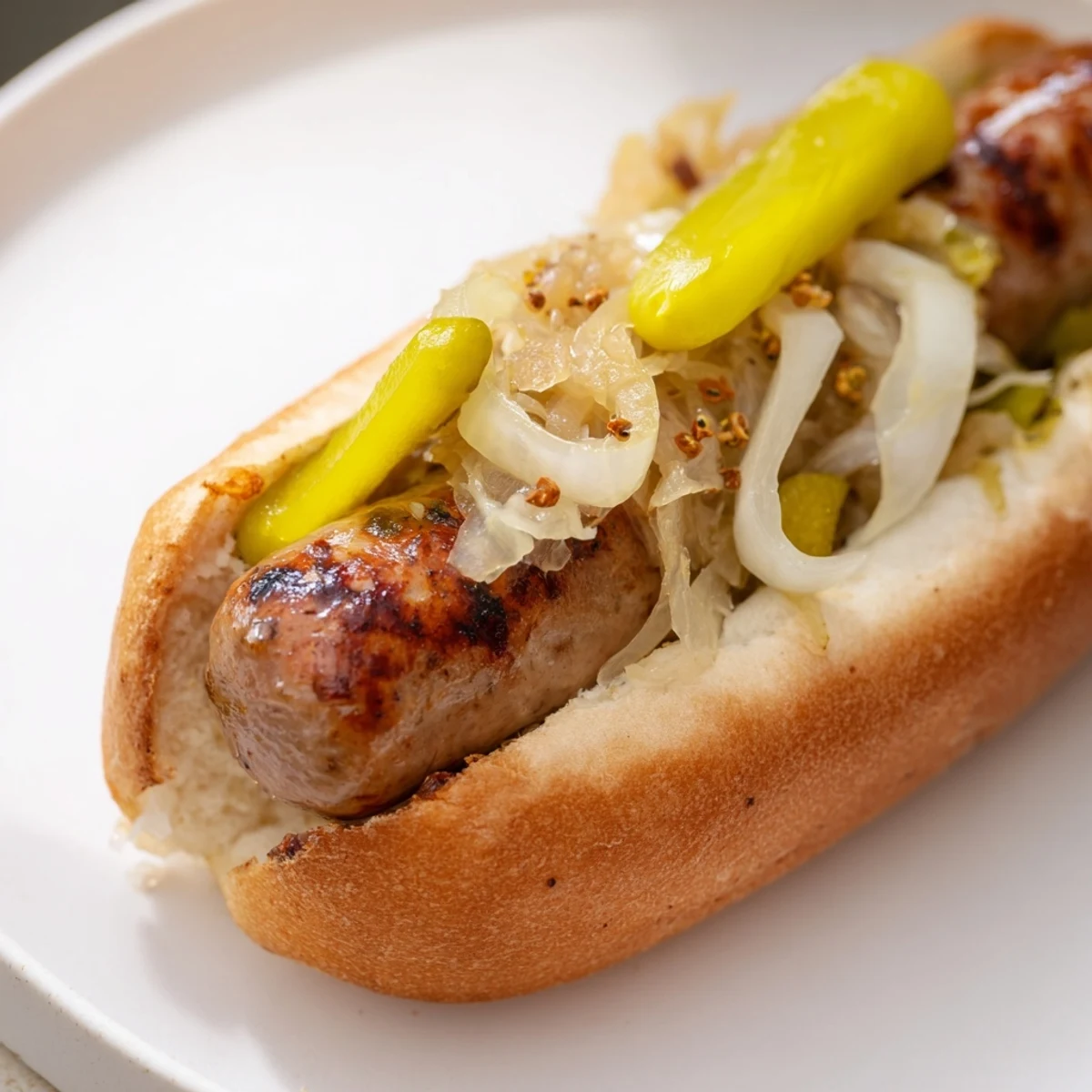 Golden-brown grilled beef bratwursts sit on toasted hoagie rolls, topped with tangy sauerkraut and onions in this Tailgate Bratwurst with Sauerkraut.