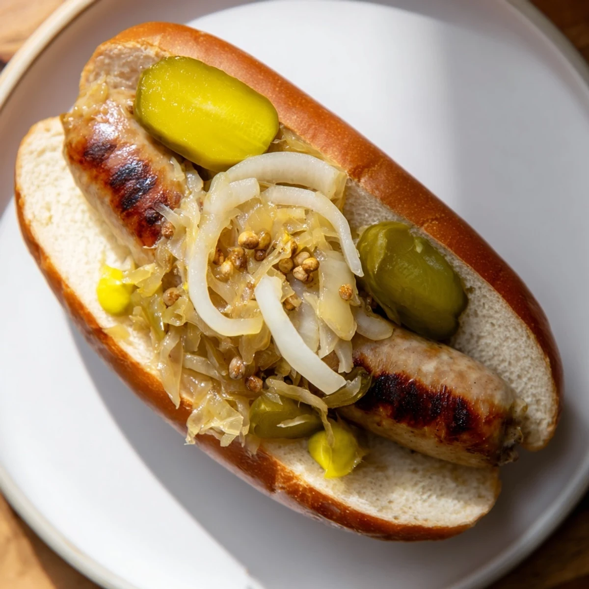 Sizzling Tailgate Bratwurst with Sauerkraut features juicy beef franks, golden onions, and mustard on buns, perfect for a game day cookout.