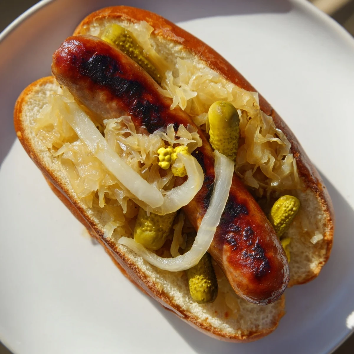 Hearty Tailgate Bratwurst with Sauerkraut showcases charred beef brats, drained sauerkraut, and pickles piled high on a wooden serving board.