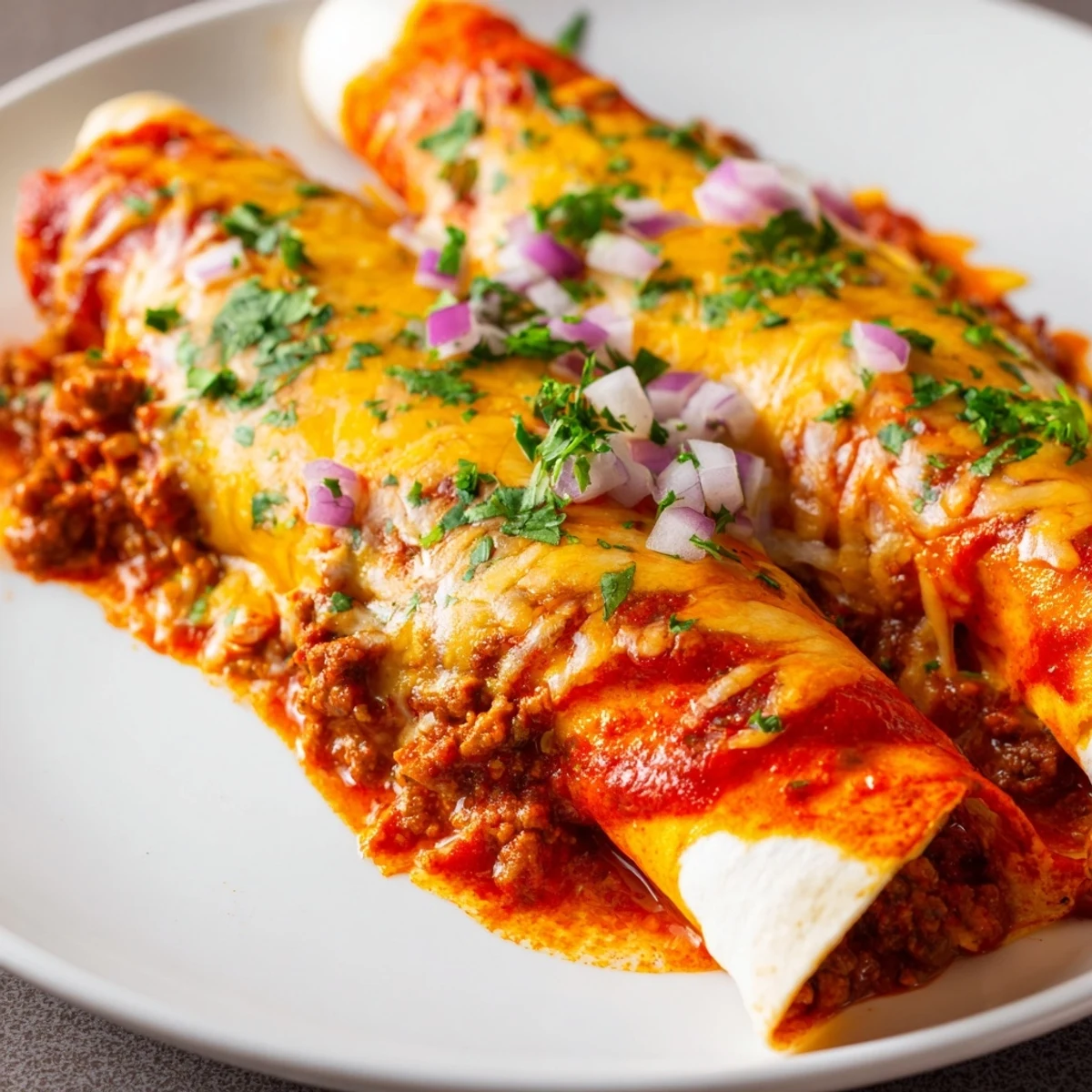 Freshly baked Championship Beef Enchiladas with red sauce bubbling over melted cheddar cheese in a baking dish.