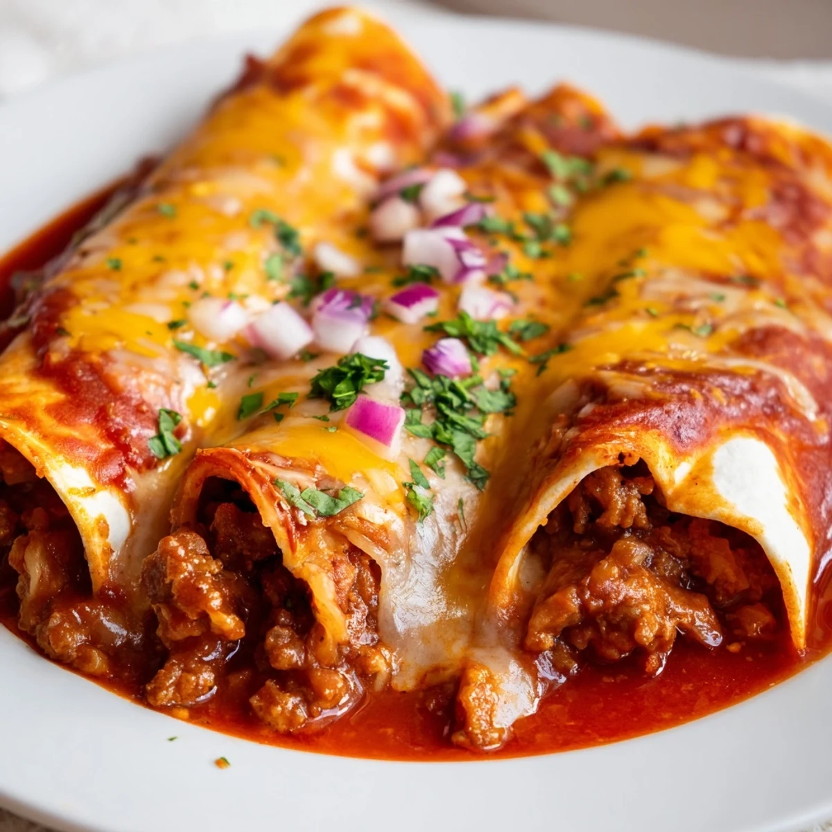 Golden brown Championship Beef Enchiladas topped with fresh cilantro and diced red onion on a plate.