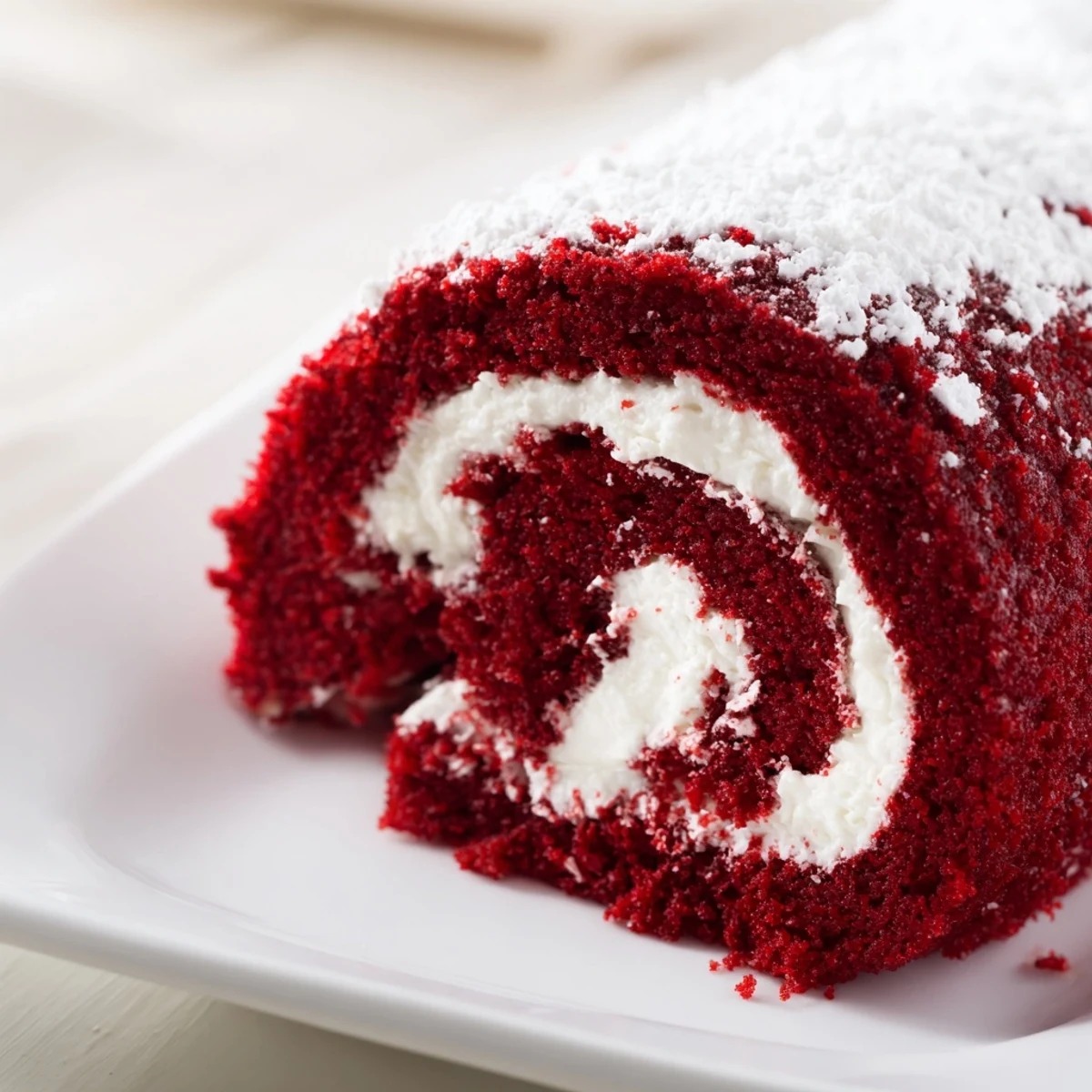 A freshly sliced Red Velvet Cake Roll reveals the vibrant red sponge and creamy white filling, dusted with powdered sugar.  
