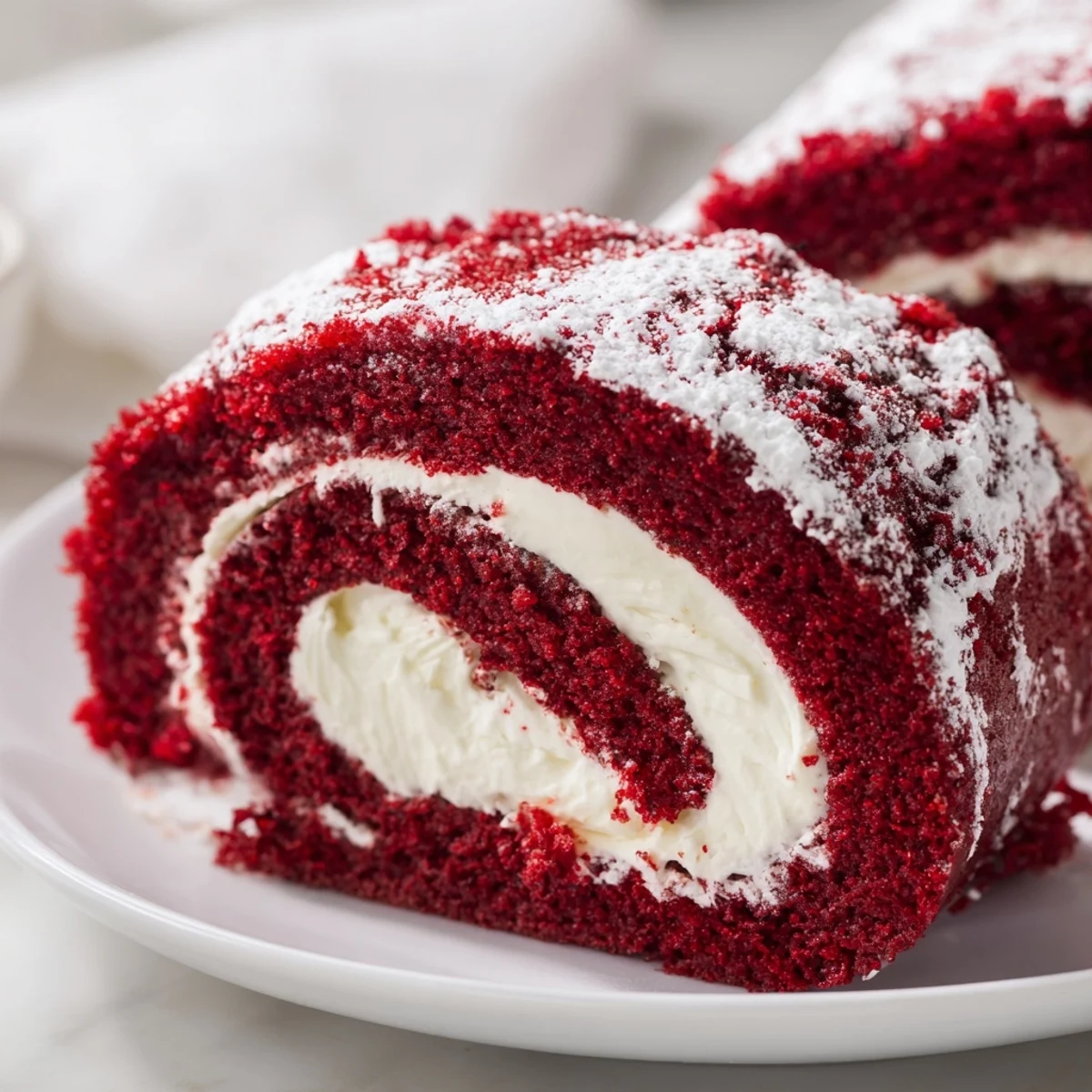 Spiral layers of moist red velvet cake and tangy cream cheese filling are displayed on a rustic wooden serving platter.  