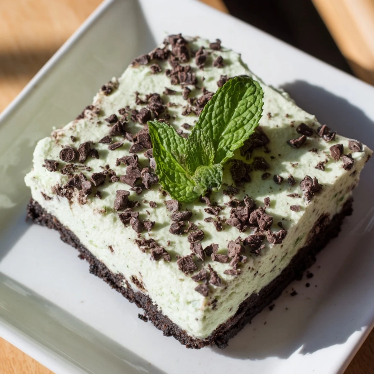 A close-up of mint chocolate chip cheesecake bars, showcasing the creamy mint filling, chocolate cookie crust, and mini chocolate chips.