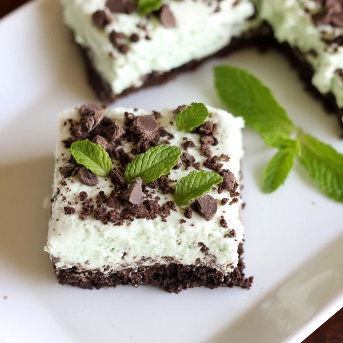 Indulgent mint chocolate chip cheesecake bars with a rich chocolate cookie base and minty cream cheese layers studded with chocolate chips.