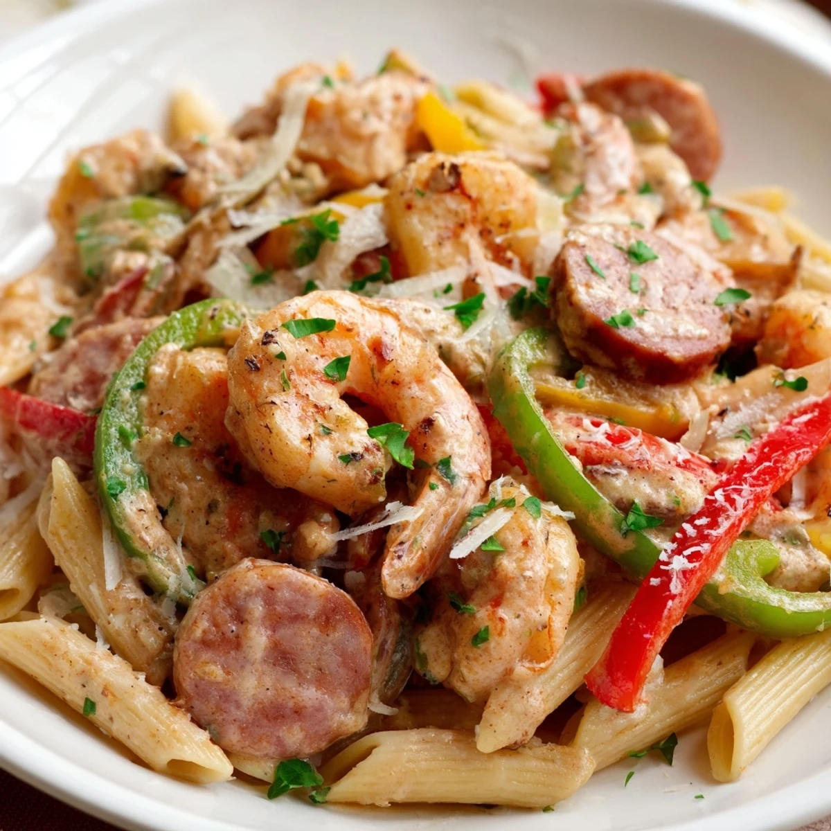 Creamy Cajun shrimp and turkey sausage pasta with al dente penne, sautéed bell peppers, and a rich, spicy Parmesan sauce garnished with fresh parsley.  