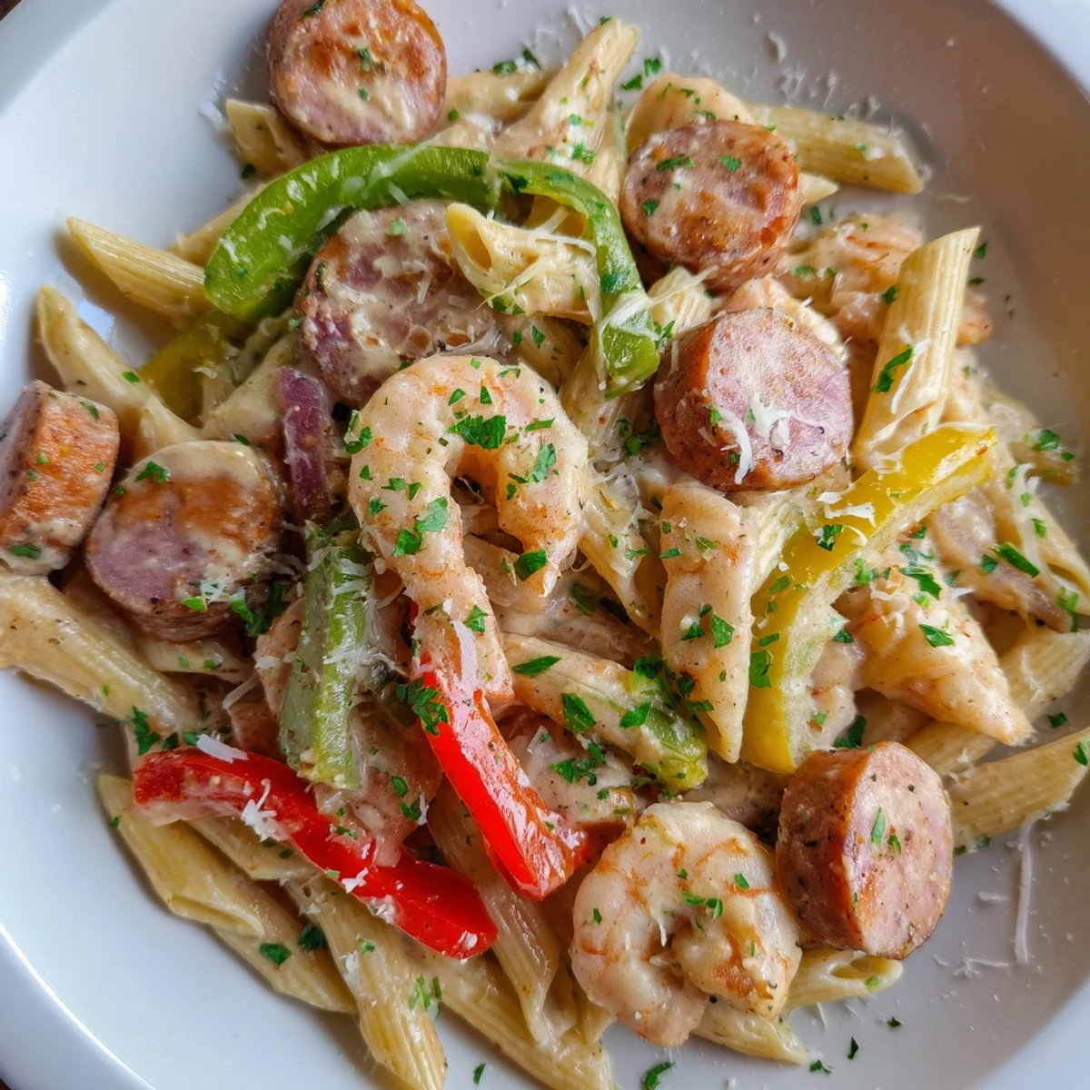 Savory Creamy Cajun Shrimp and Turkey Sausage Pasta served warm, with al dente noodles tossed in a velvety, spiced cream sauce and fresh herbs.