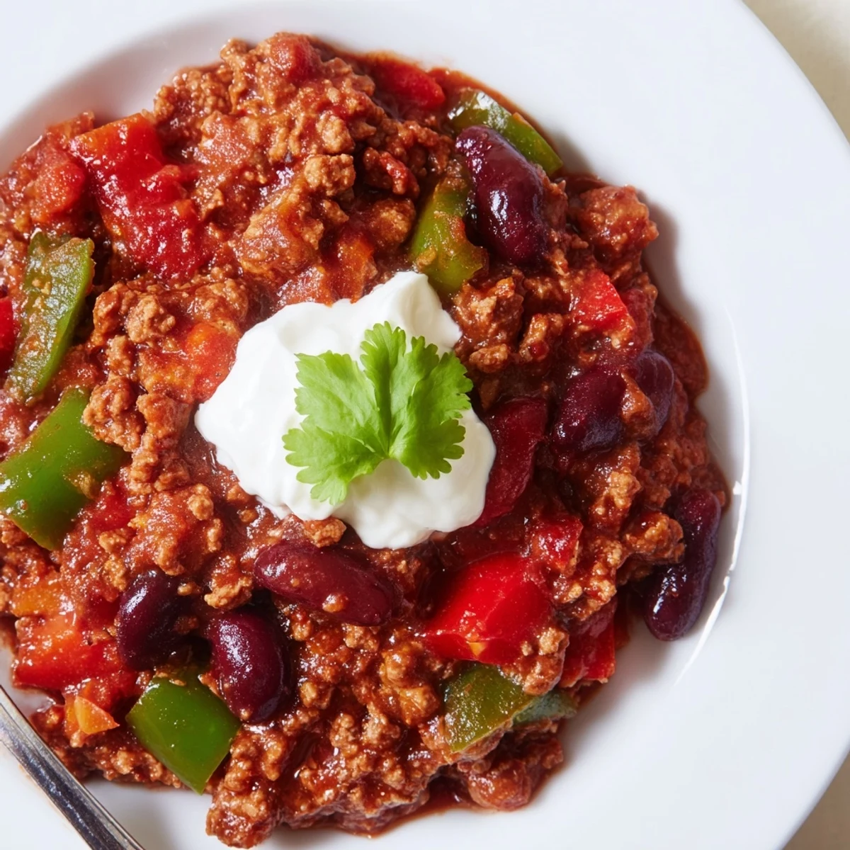 A steaming bowl of hearty Game Day Beef Chili topped with cilantro and sour cream, served alongside a slice of golden cheddar cornbread.