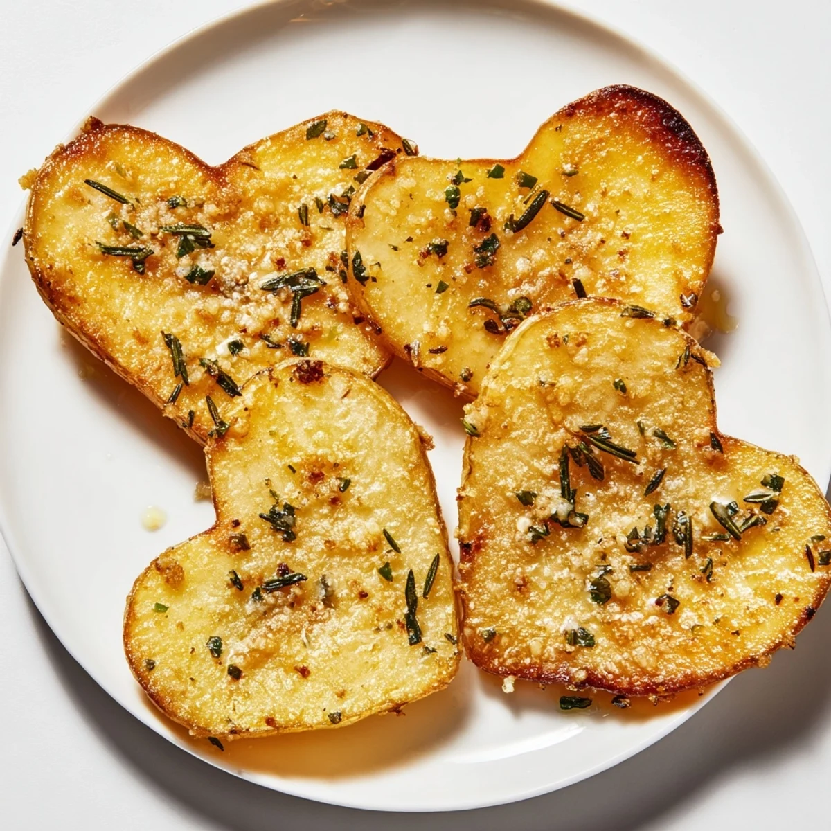 Roasted heart-shaped potatoes with garlic herbs, golden and crisp on the edges, served hot from the oven on a platter.
