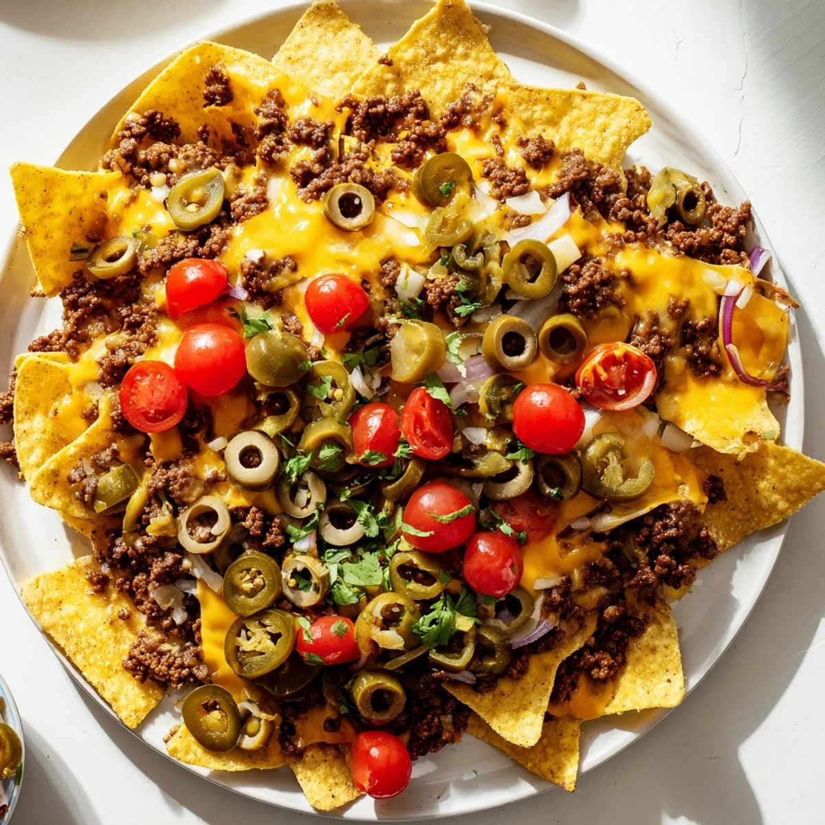 Golden-brown tortilla chips topped with spiced beef, melted cheddar and Monterey Jack, black beans, tomatoes, and pickled jalapeños, with a bowl of chunky guacamole nearby.