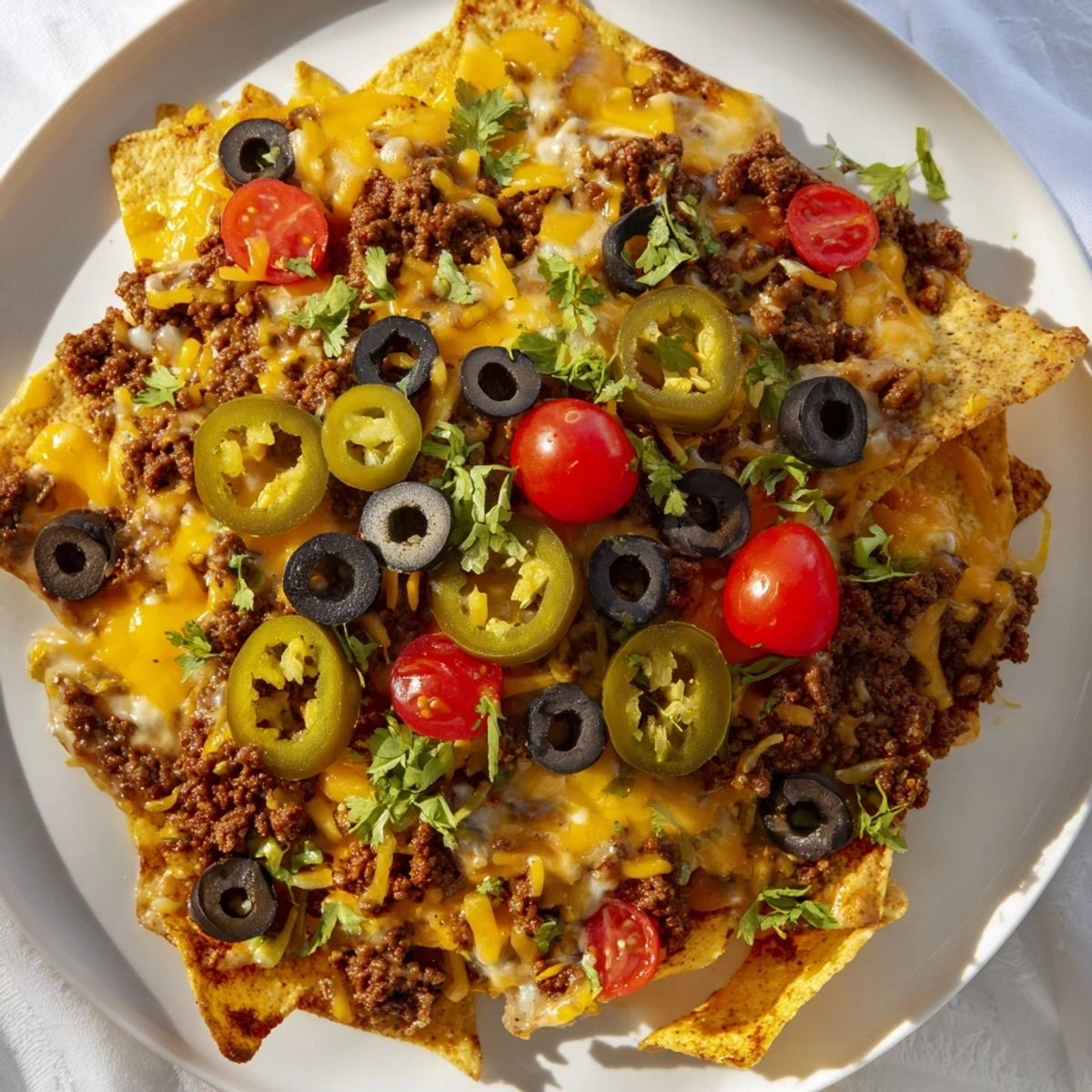 Hearty Spicy Beef Nachos Supreme with Guacamole served hot from the oven, garnished with fresh cilantro and olives for a colorful, crowd-pleasing Tex-Mex spread.