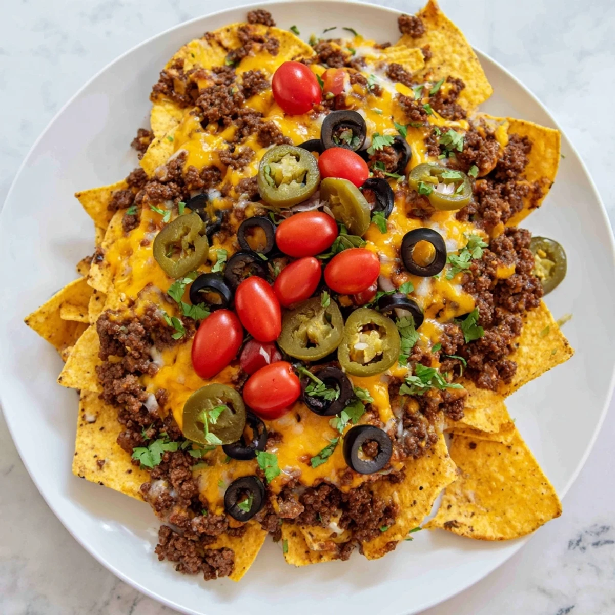 A close-up of Spicy Beef Nachos Supreme with Guacamole showing bubbling cheese, zesty beef, and creamy avocado dip, ready for game day or family dinner.
