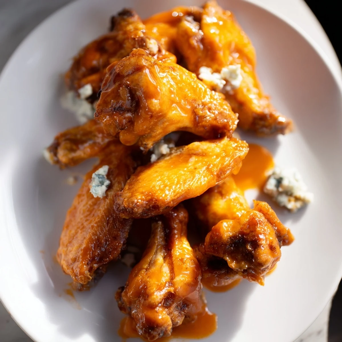 Crispy Buffalo Chicken Wings with Blue Cheese Dip glisten with tangy red sauce, served alongside crunchy celery sticks on a platter.