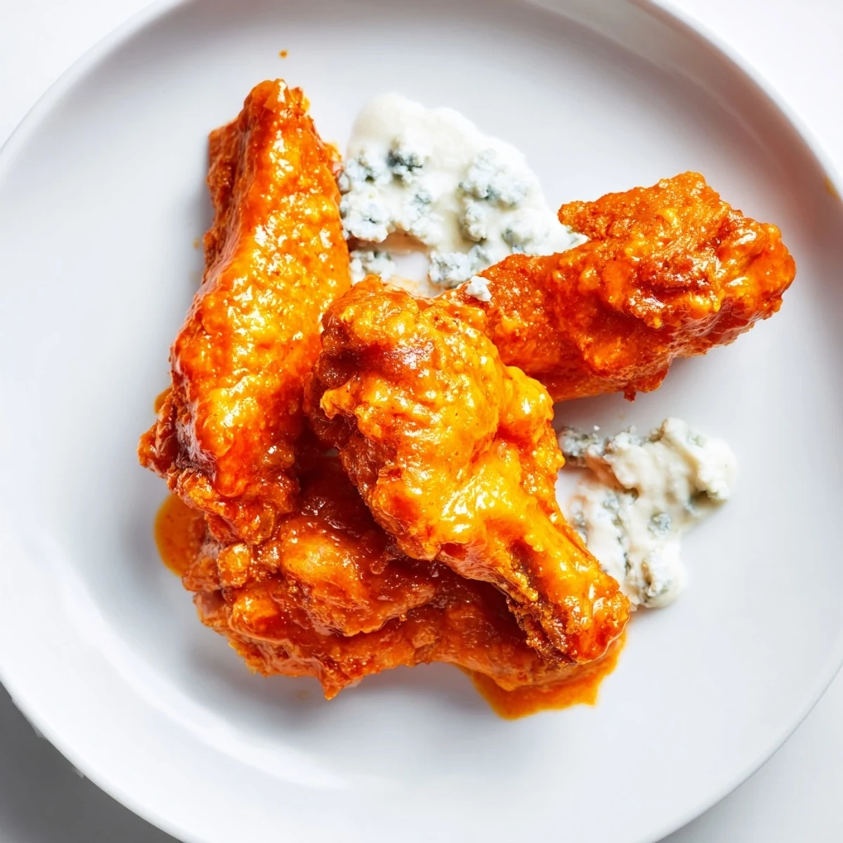 A platter of Crispy Buffalo Chicken Wings with Blue Cheese Dip features juicy wings, creamy dip, and vibrant carrot sticks for dipping.