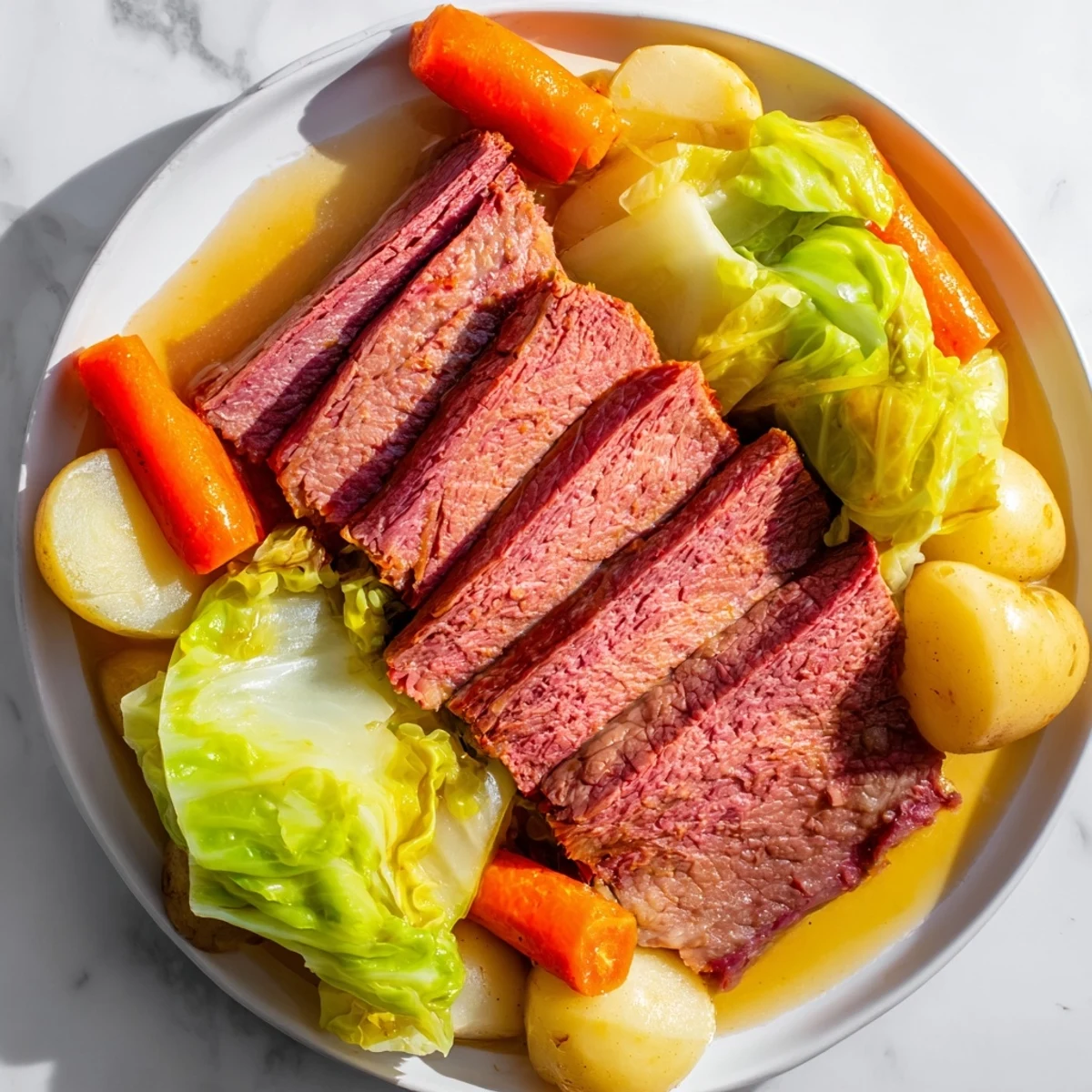 Tender slow cooked corned beef brisket with cabbage, potatoes, and carrots on a rustic serving platter.