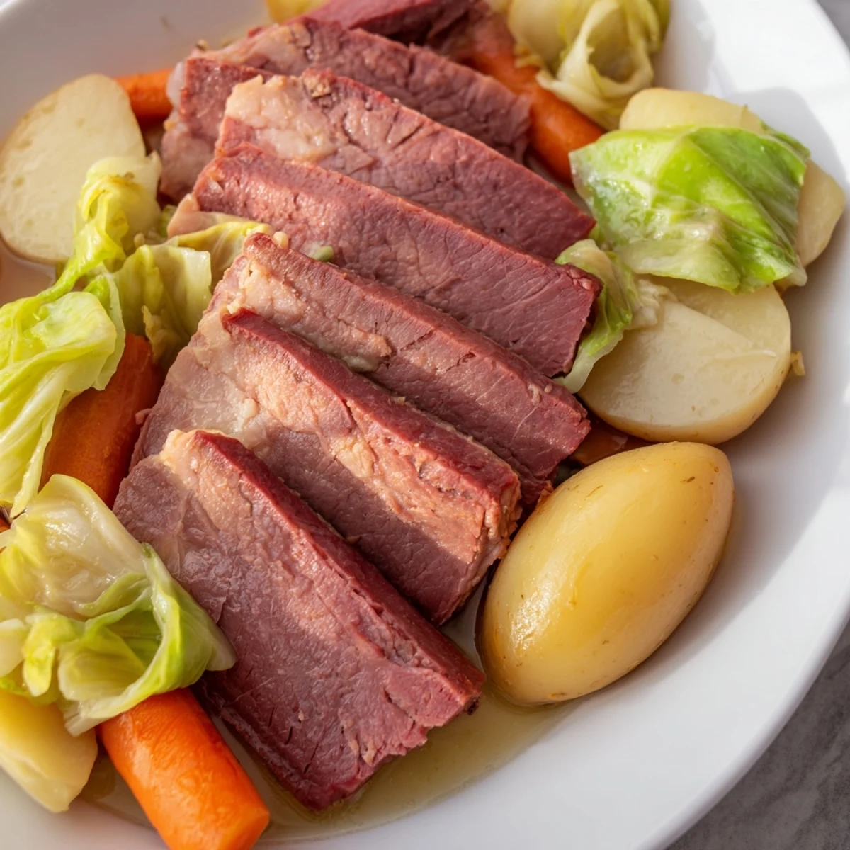Sliced slow cooked corned beef brisket with cabbage and potatoes, garnished with fresh parsley and carrots.