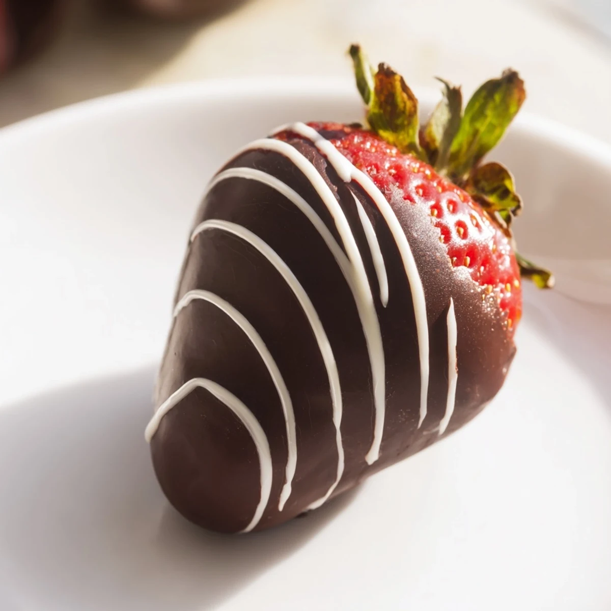 A hand holding a single Chocolate Dipped Strawberry with White Chocolate Drizzle near a dessert plate.