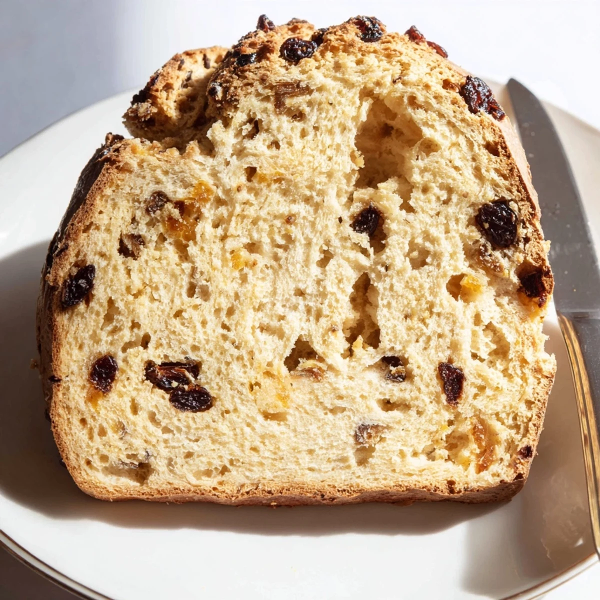 A sliced loaf of Irish Soda Bread with Currants and Caraway on a wooden board, showing the tender crumb and speckled fruit.