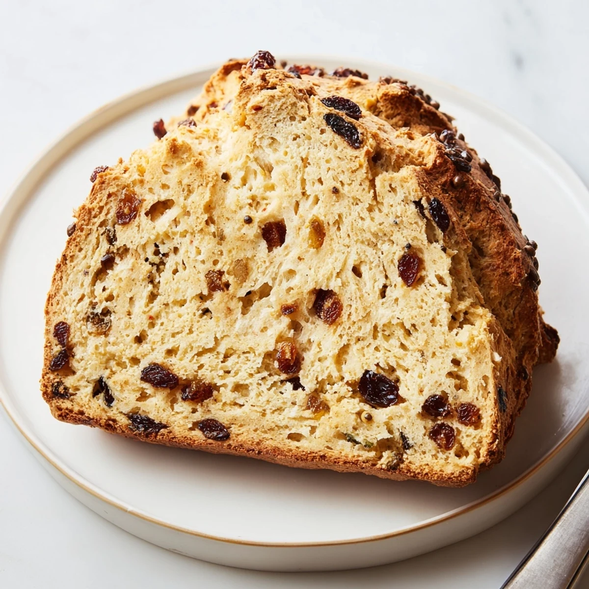 Freshly baked Irish Soda Bread with Currants and Caraway releasing a warm aroma, perfect for breakfast with a steaming cup of tea.