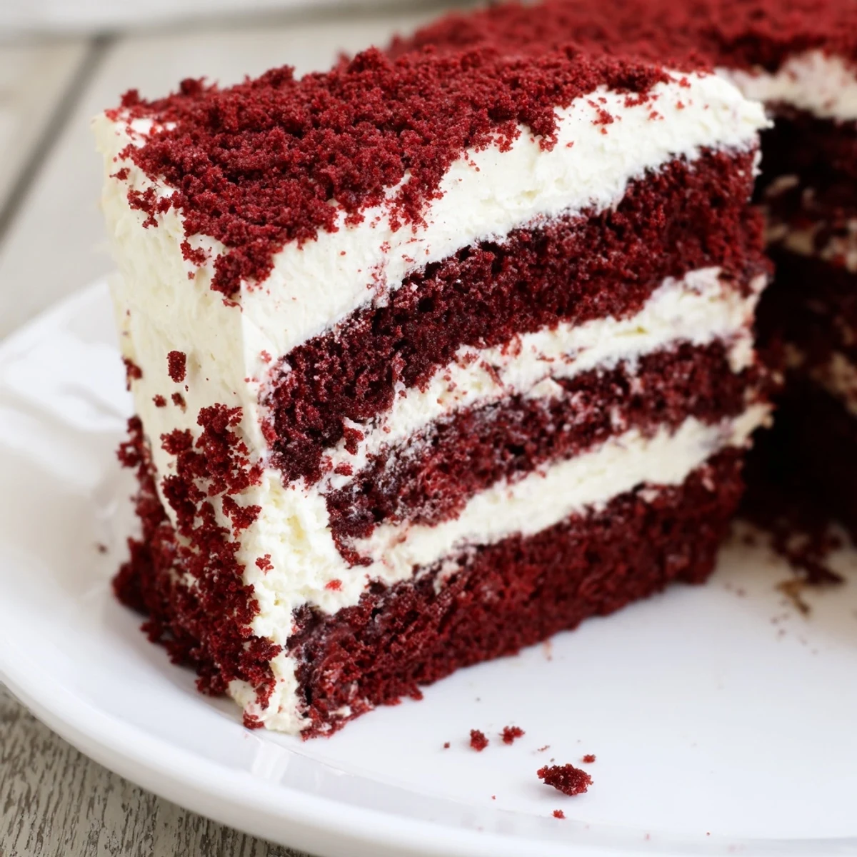 A slice of moist Red Velvet Layer Cake with Cream Cheese Frosting rests on a white plate, revealing its vibrant red layers.