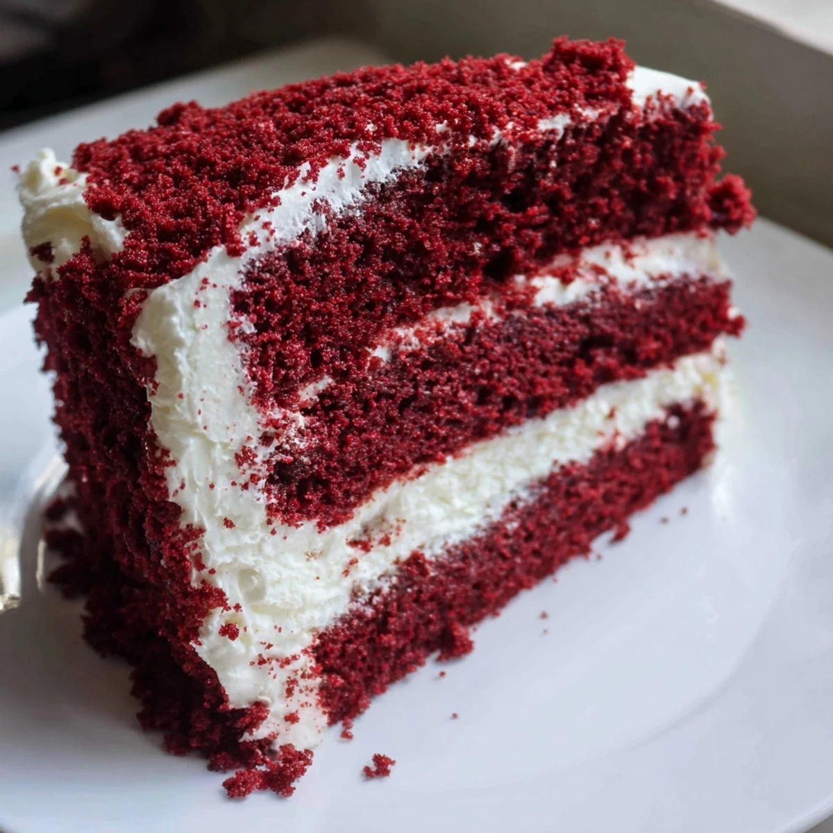 Close-up of Red Velvet Layer Cake with Cream Cheese Frosting showing fluffy, velvety texture and smooth, creamy white frosting between layers.