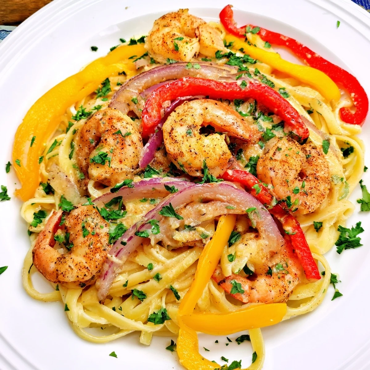 A close-up of Creamy Cajun Shrimp Pasta with Bell Peppers, featuring tender shrimp and colorful peppers tossed in a rich, creamy sauce over fettuccine.  