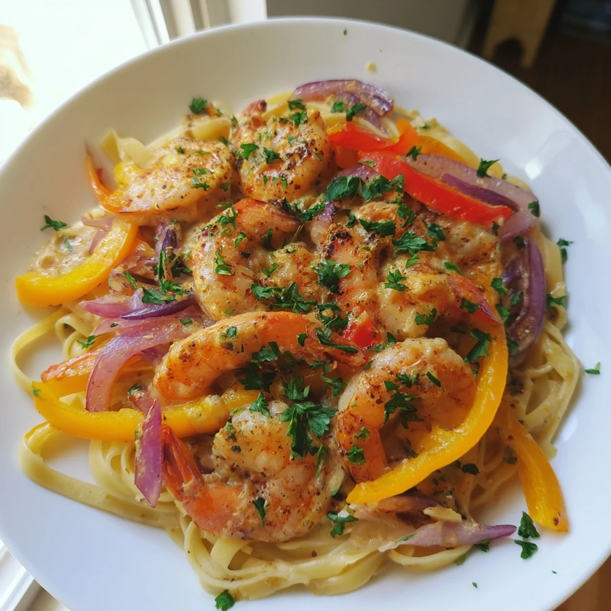 Overhead view of Creamy Cajun Shrimp Pasta with Bell Peppers, highlighting the creamy Cajun sauce, plump shrimp, and sautéed vegetables on a plate.