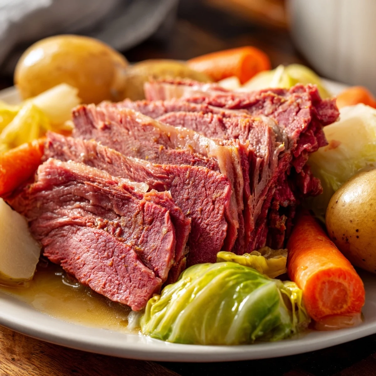 A close-up of Slow Cooked Corned Beef with Cabbage and Potatoes, showing tender meat slices and soft vegetables on a rustic plate.