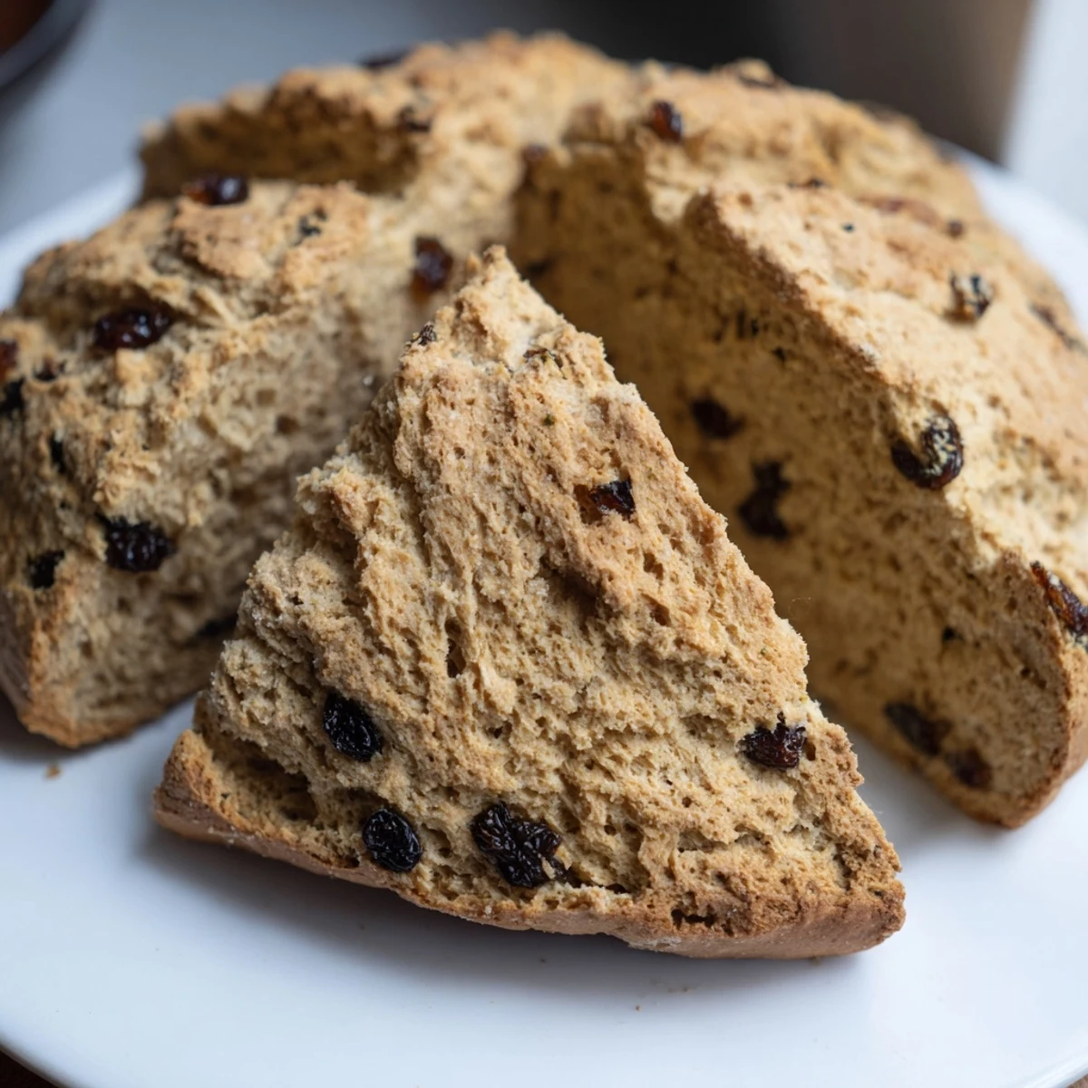 Golden-brown Irish Soda Bread with Currants and Caraway Seeds, sliced to reveal a tender crumb speckled with fruit.  