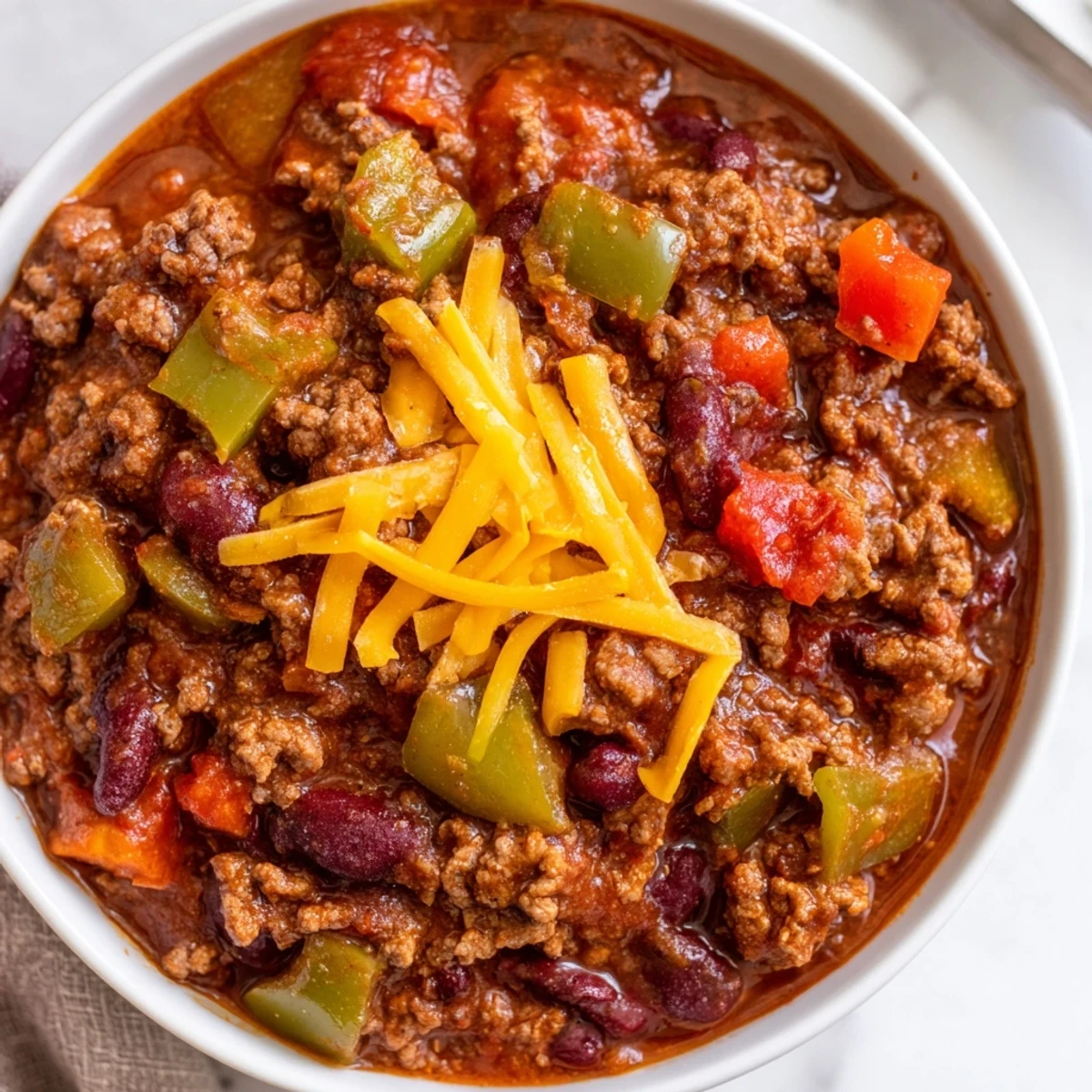 Hearty Game Day Beef Chili with tender beef and beans, served alongside a warm, fluffy square of sharp cheddar cornbread.