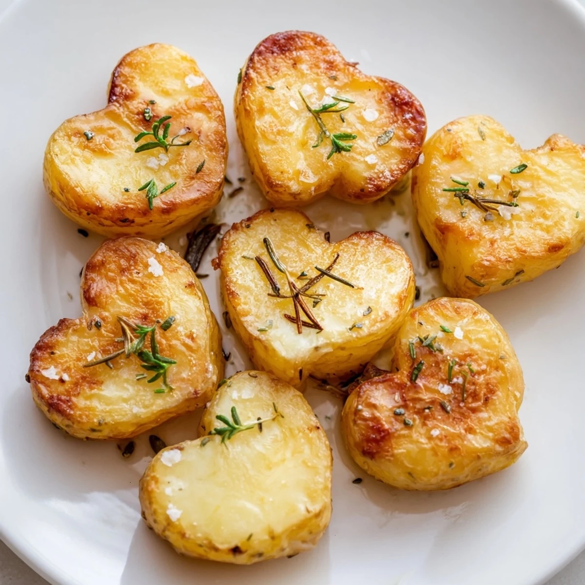 Golden-brown roasted heart shaped potatoes with rosemary, crispy on the edges and fluffy inside, served hot.  