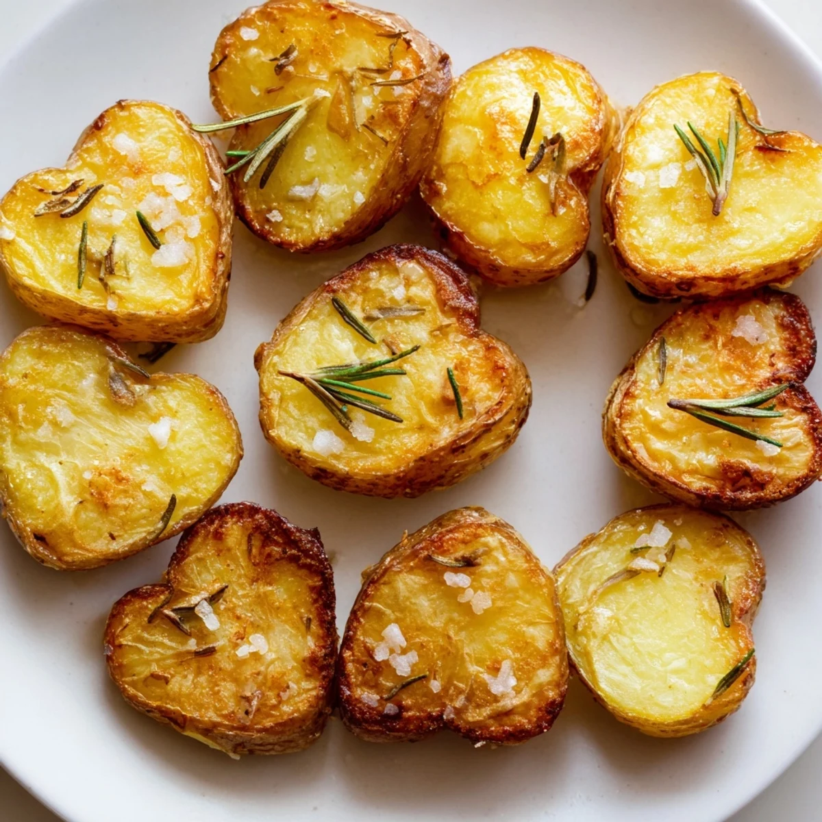 Freshly roasted heart shaped potatoes garnished with rosemary, a delicious vegetarian side dish for any occasion.