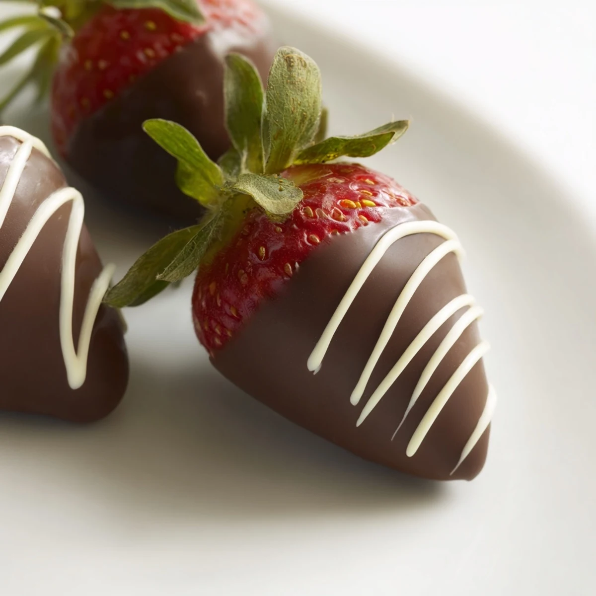 Glossy chocolate-dipped strawberries with a delicate white drizzle, arranged on parchment for a festive dessert platter.  