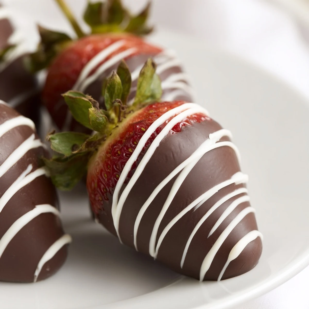 Fresh ripe strawberries dipped in rich dark chocolate and swirled with white drizzle, served on a chilled plate.