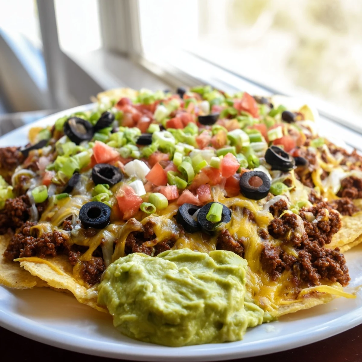 A close-up of Spicy Beef Nachos Supreme with Fresh Guacamole, featuring melted cheddar and Monterey Jack cheese over seasoned ground beef and crispy tortilla chips.