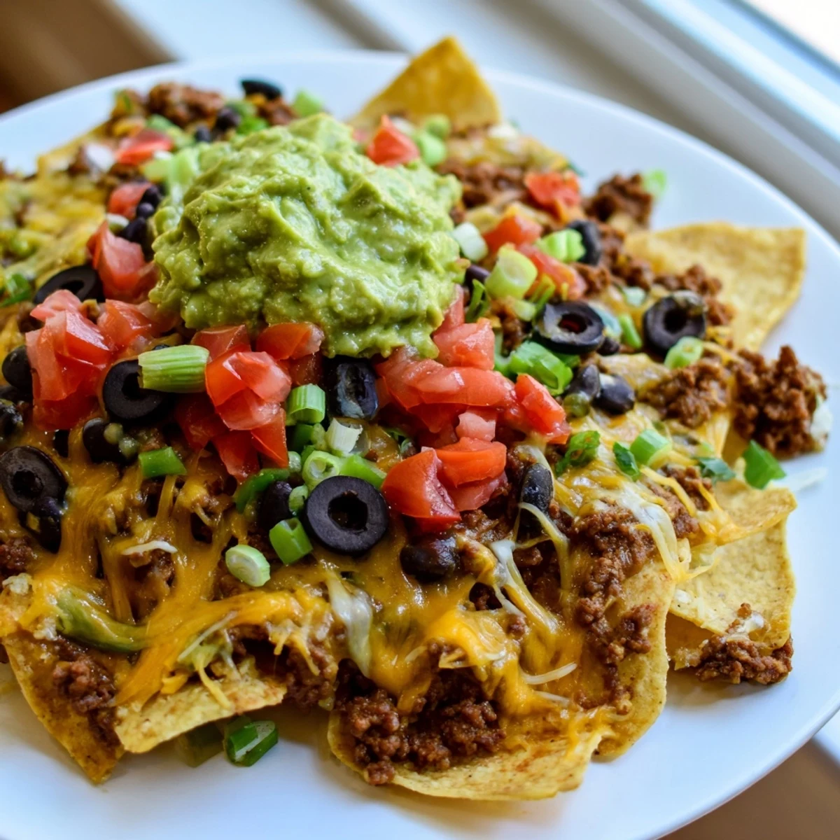 This image shows Spicy Beef Nachos Supreme with Fresh Guacamole on a platter, garnished with diced tomatoes, black olives, and green onions for a colorful appetizer.