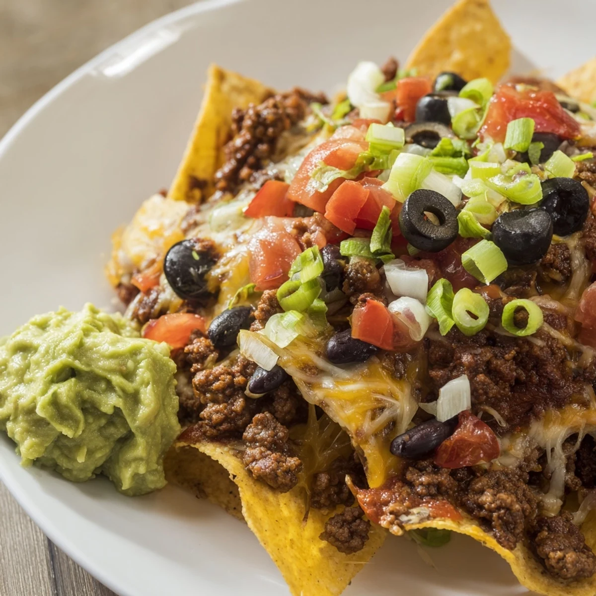 A serving of Spicy Beef Nachos Supreme with Fresh Guacamole, ready to be scooped with a hearty beef and black bean filling, perfect for game day.
