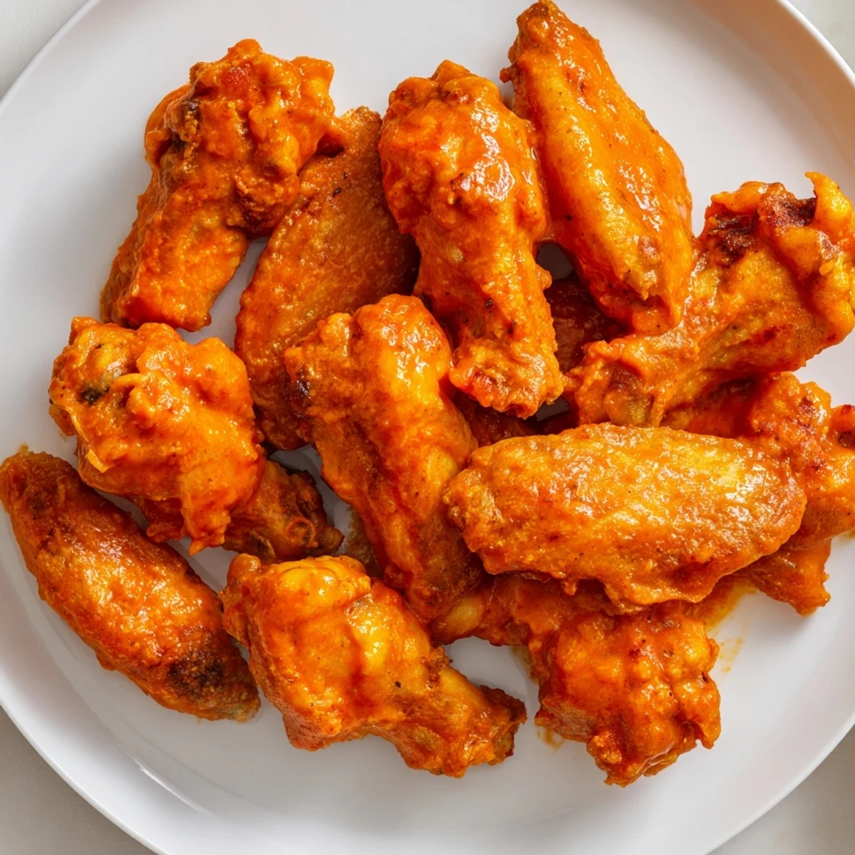 Golden-brown crispy air fryer chicken wings tossed in a tangy, spicy Buffalo sauce, served with celery and carrots.