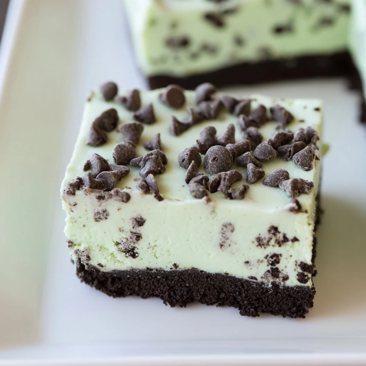 Cool, creamy slices of Mint Chocolate Chip Cheesecake Bars rest on a plate, revealing the rich chocolate cookie crust.