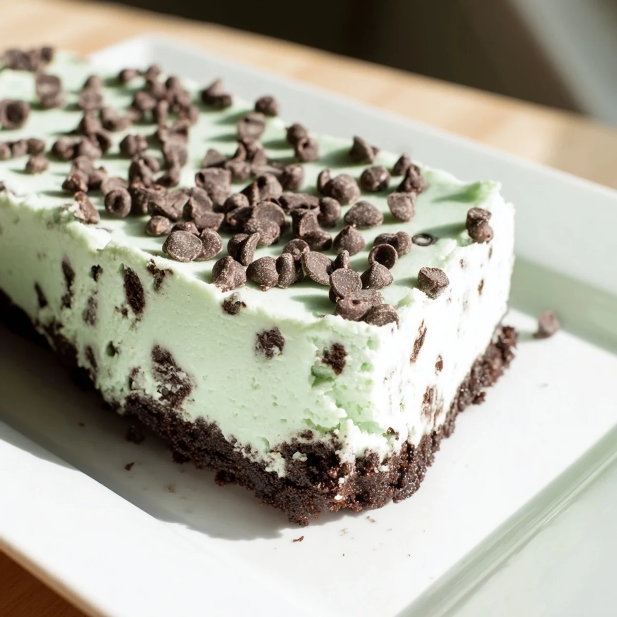 Fresh mint leaves garnish a stack of Mint Chocolate Chip Cheesecake Bars, with chocolate chips scattered around the dessert.