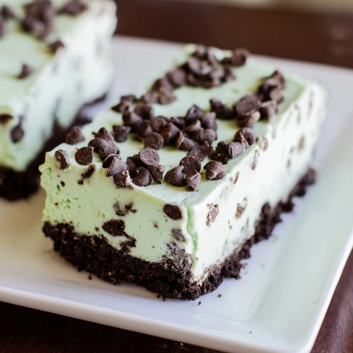 Decadent Mint Chocolate Chip Cheesecake Bars feature a velvety mint filling and a crunchy chocolate crust, perfect for a refreshing treat.