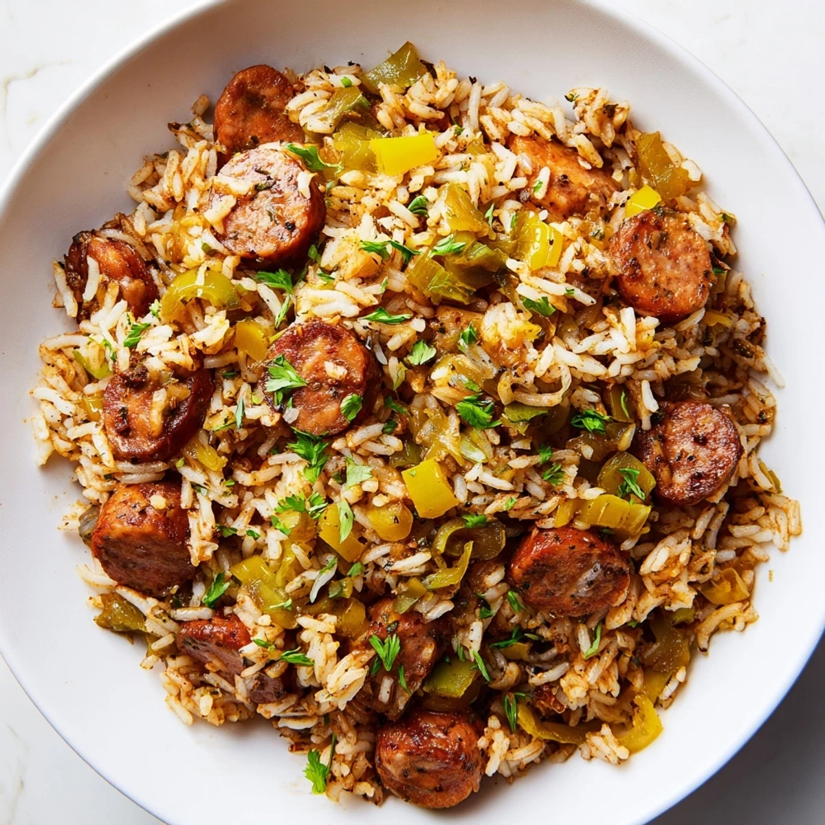 Savory Mardi Gras dirty rice with sliced sausage and diced vegetables in a rustic skillet, ready to serve at a festive gathering.