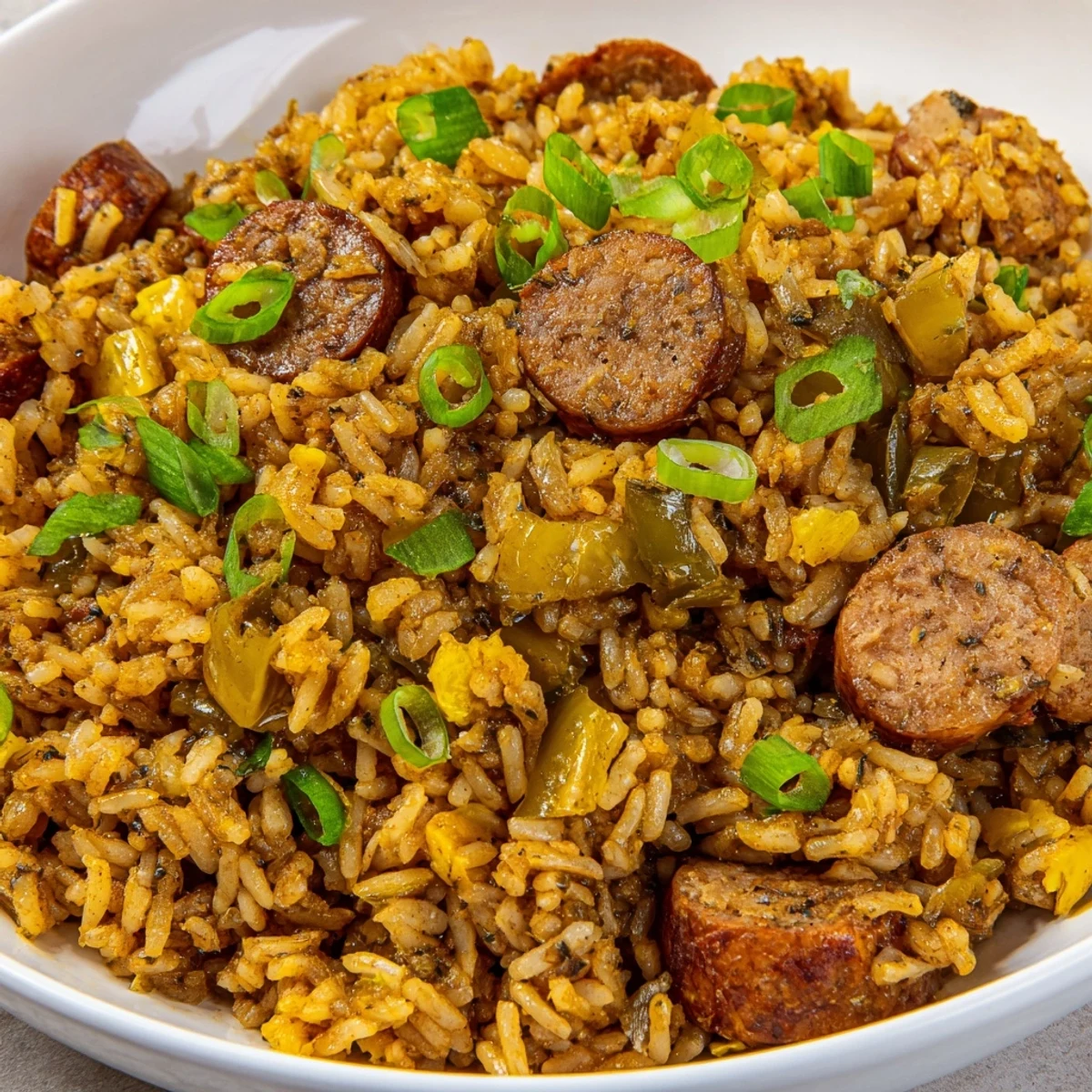 Warm, aromatic Mardi Gras dirty rice featuring tender sausage and herbs, fluffed with a fork for a flavorful Southern side dish.