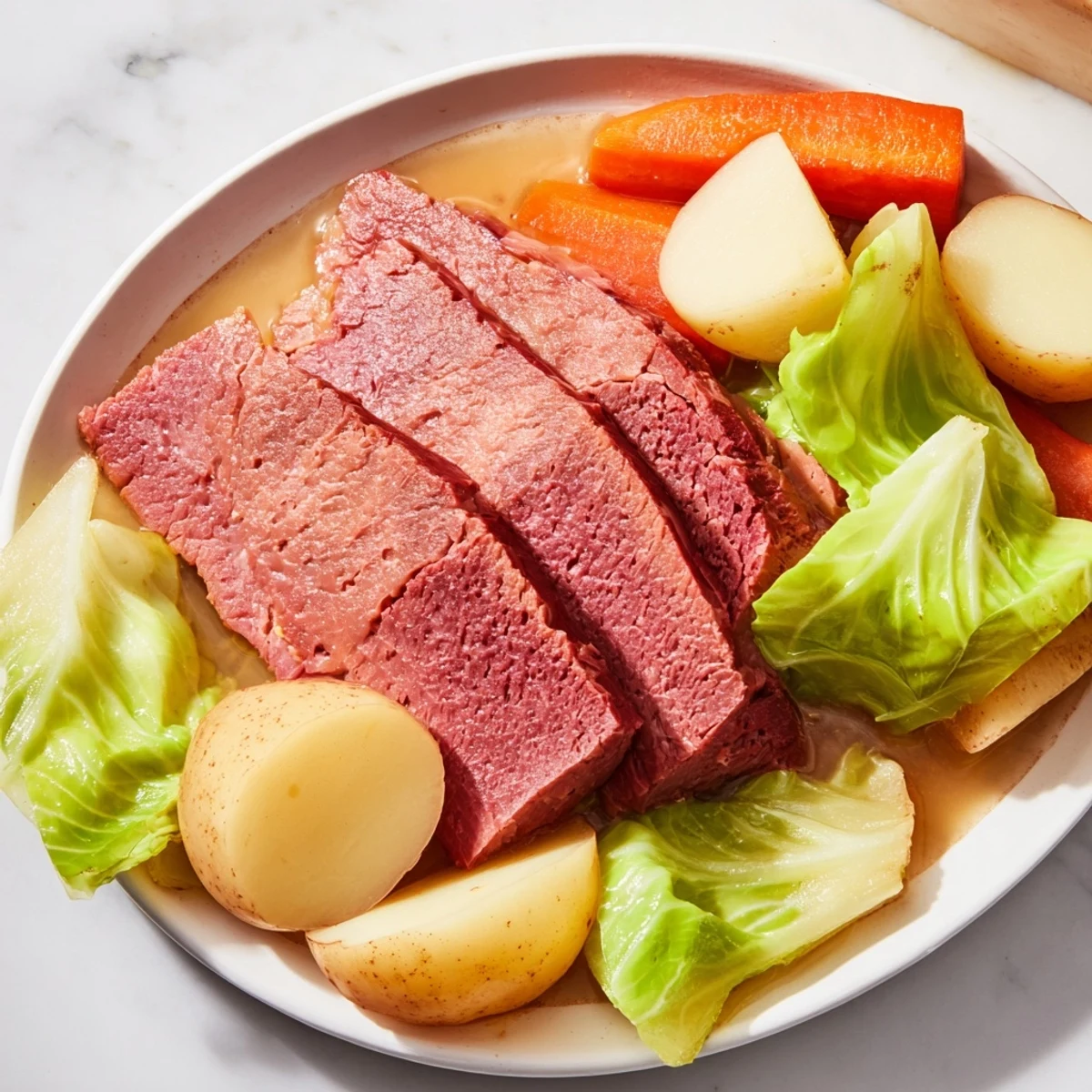 Tender, sliced corned beef and vibrant cabbage on a rustic platter, served with carrots and potatoes for a hearty Irish-American dinner.