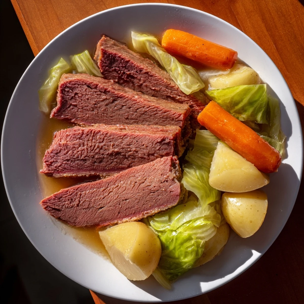 Steam rises from golden potatoes and carrots in this classic corned beef and cabbage dinner, ready to be ladled with broth.